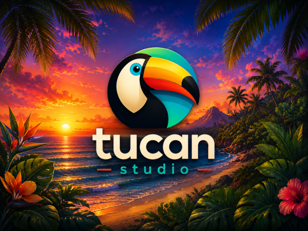 Tucan Studio — a toucan against a tropical sunset